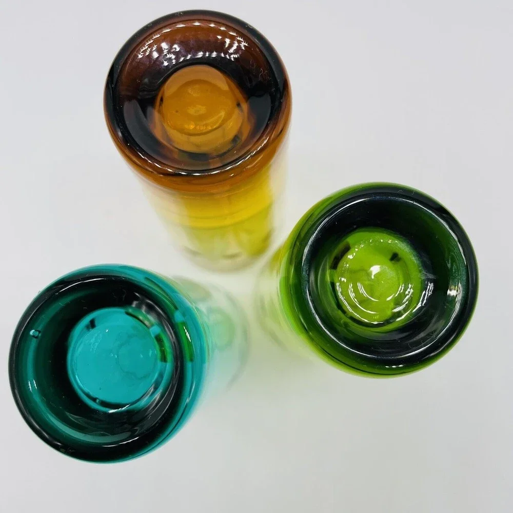 Set of 3 Pier One Etched Multicolor Tall Shot Cordial Liquor Glasses Geometric